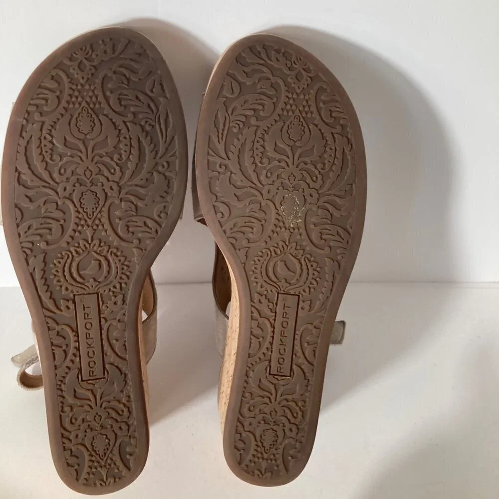 Womens Rockport Briah Slingback Suede Wedge Sandal‎ Laser Cut Metallic Khaki 8